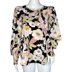Pleione Shirt Women Small Black White Floral Blouse Puff Sleeve Flower Bohemian
